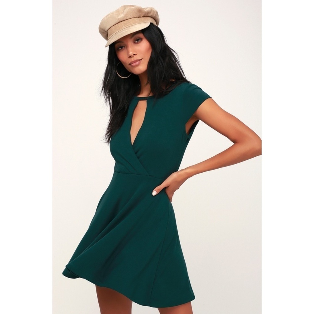 Lulus Darlene Forest Green Surplice Skater Dress - Size Small